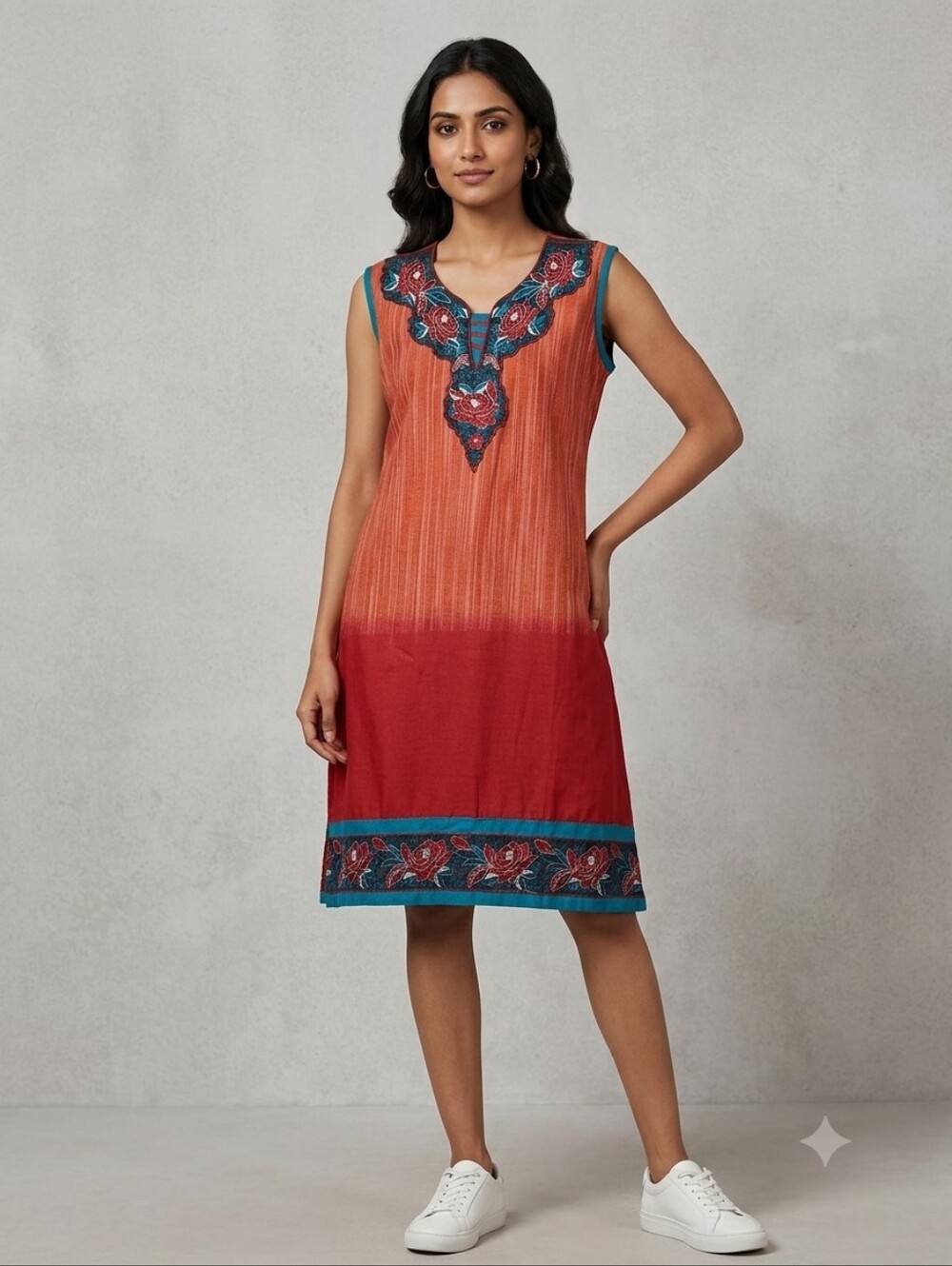 Handmade S/M Embroidered Ombre V Neck Tunic Kurti Dress Wax Cotton Hippie Boho